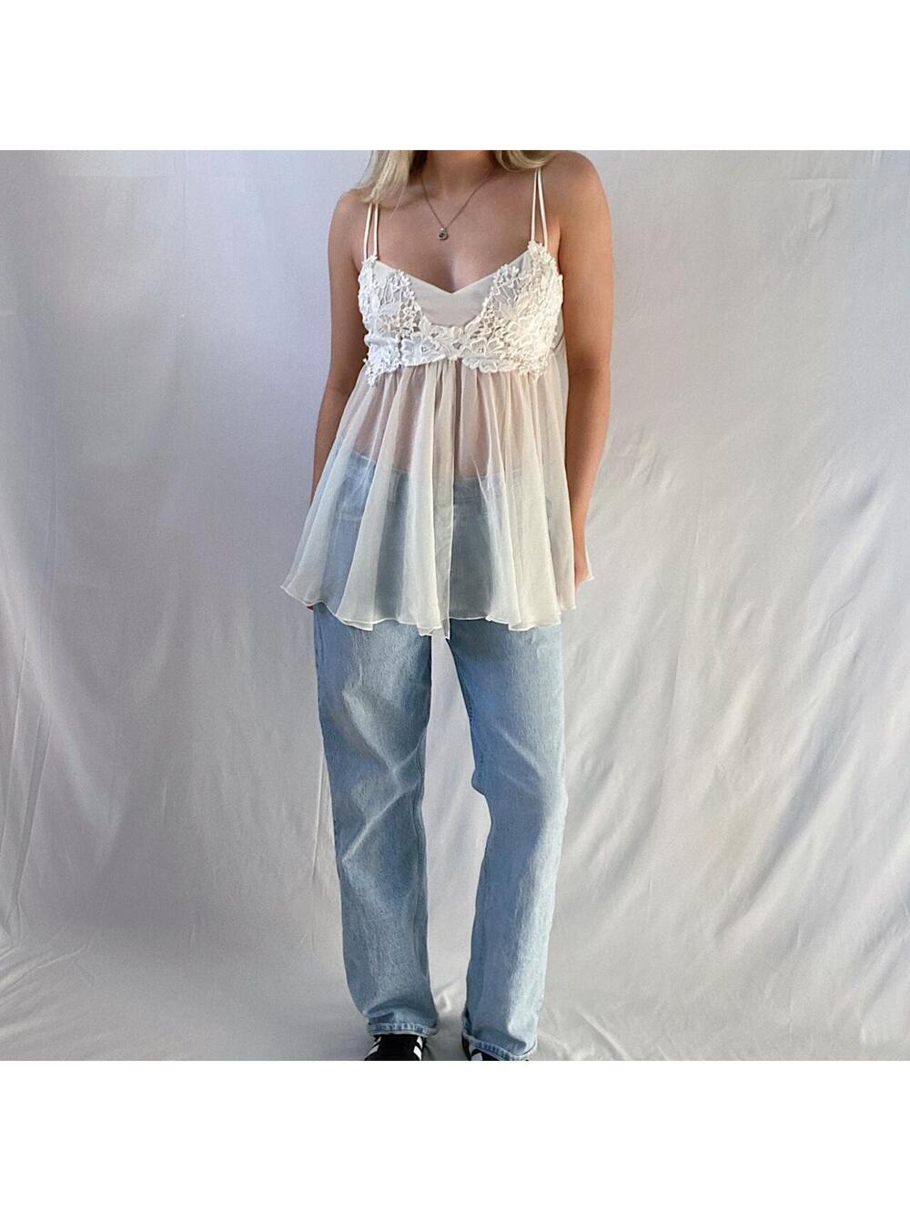 White Sheer Lace Floral Embroidered Spaghetti Strap Peplum Tank Top